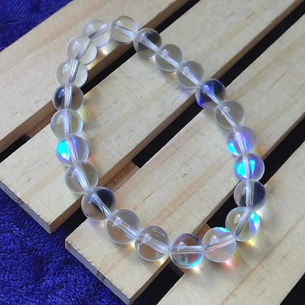 🌜 Faux Rainbow MOONSTONE 🌛 8mm Resin Bead ⭐ CHAKRA BRACELET for smaLL wrist